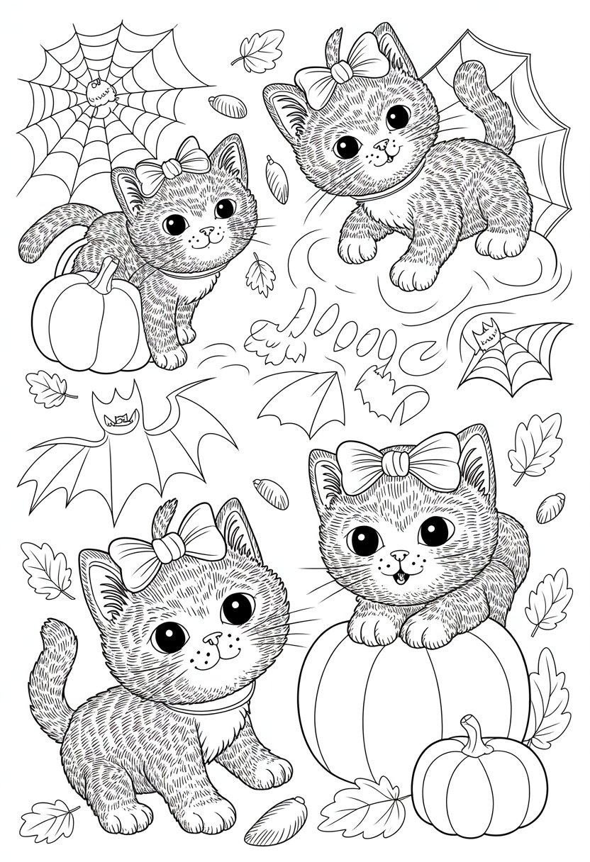 Halloween Coloring Pages Cute Collection of 20 Fun and Easy Designs 25 Playful black cats wearing bows surrounded by pumpkins, bats, spider webs, and autumn leaves in a Halloween setting.